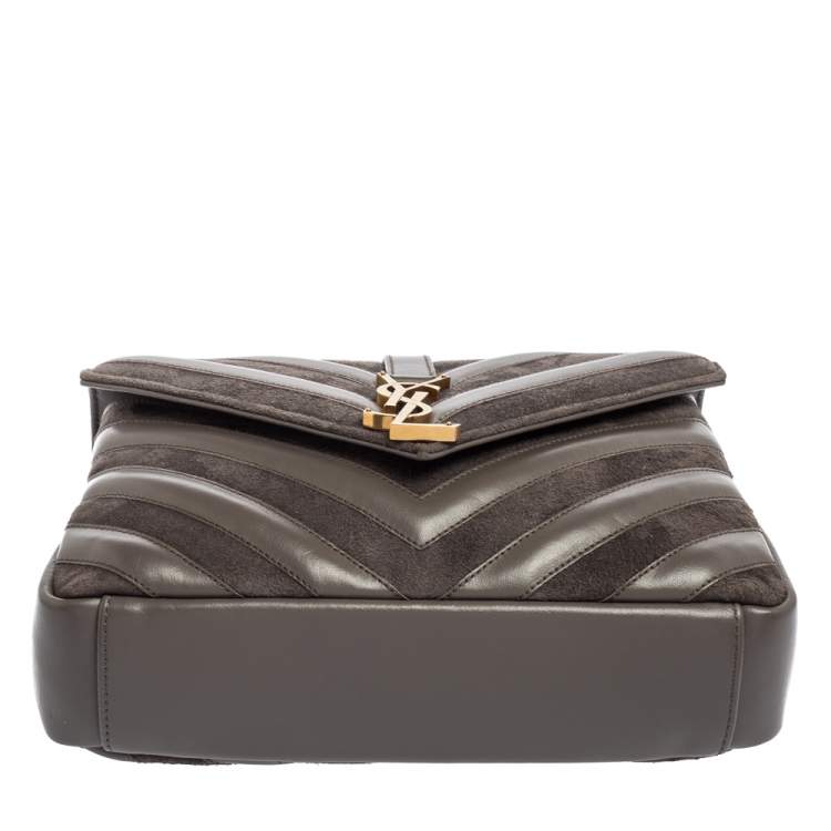 Pre Owned Saint Laurent Grey Matelassé Leather and Suede Medium College Top Handle Bag
