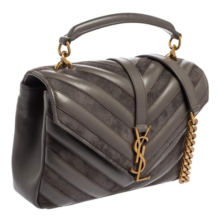 Pre Owned Saint Laurent Grey Matelassé Leather and Suede Medium College Top Handle Bag