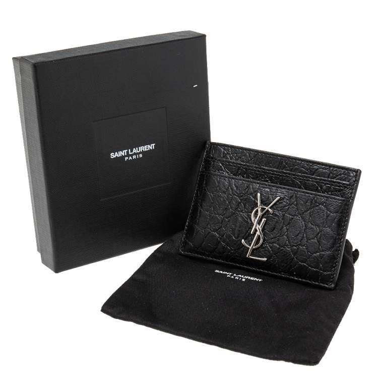 Pre Owned Saint Laurent Black Croc Embossed Leather Monogram Card Holder 