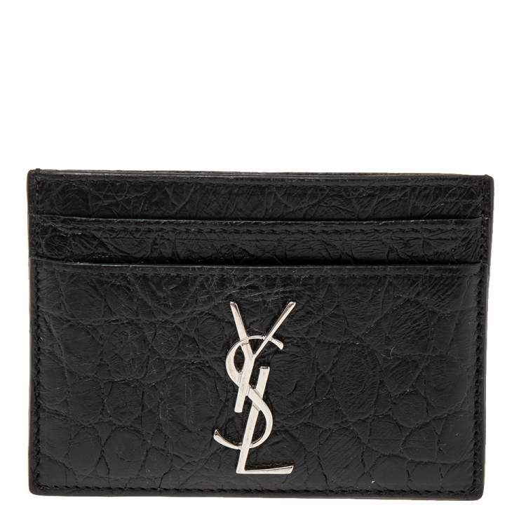 Pre Owned Saint Laurent Black Croc Embossed Leather Monogram Card Holder 