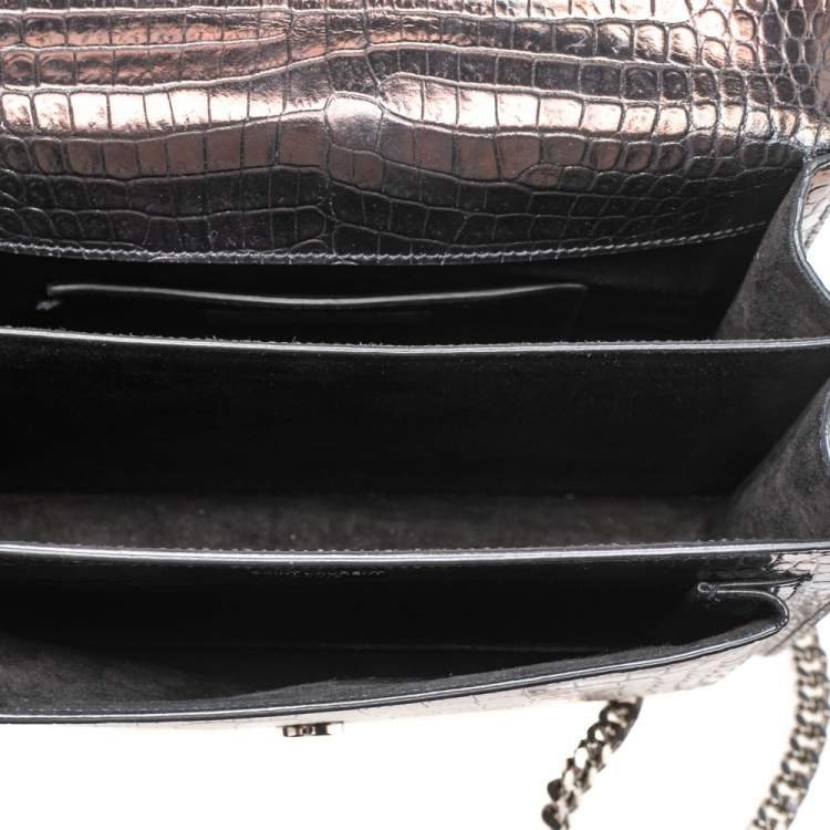 Pre Owned Saint Laurent Black Shiny Croc Embossed Leather Medium Sunset Shoulder Bag