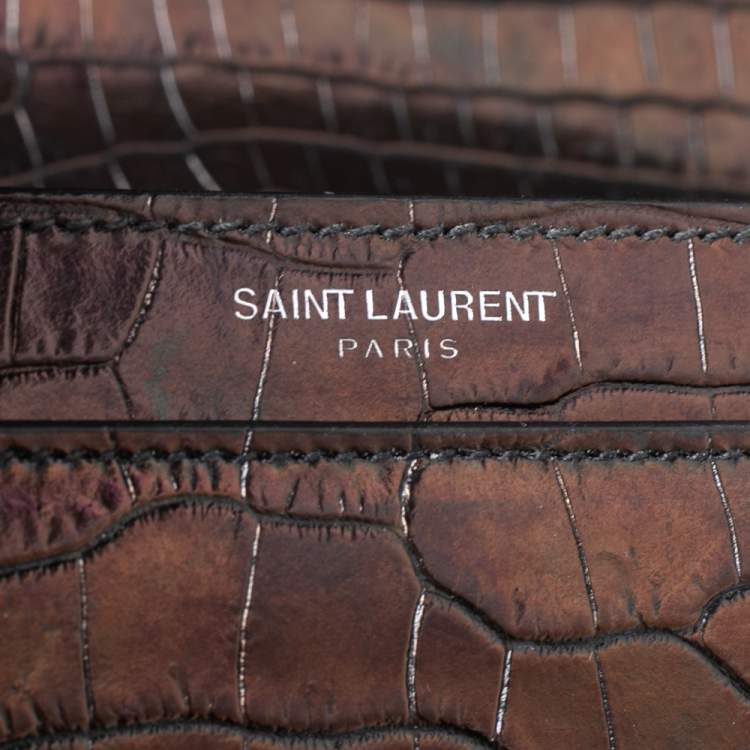 Pre Owned Saint Laurent Black Shiny Croc Embossed Leather Medium Sunset Shoulder Bag
