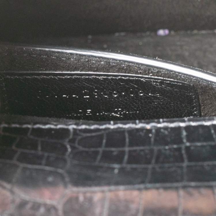 Pre Owned Saint Laurent Black Shiny Croc Embossed Leather Medium Sunset Shoulder Bag