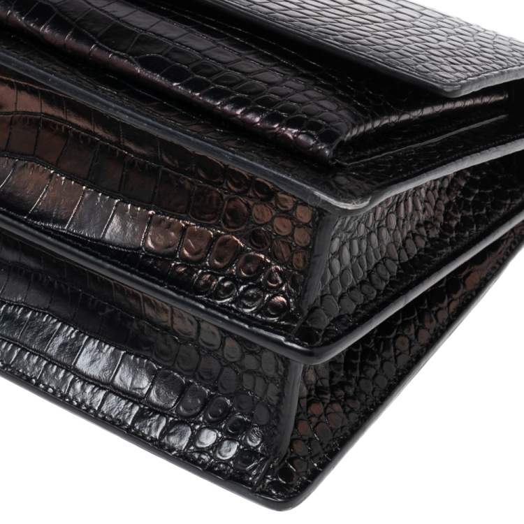 Pre Owned Saint Laurent Black Shiny Croc Embossed Leather Medium Sunset Shoulder Bag