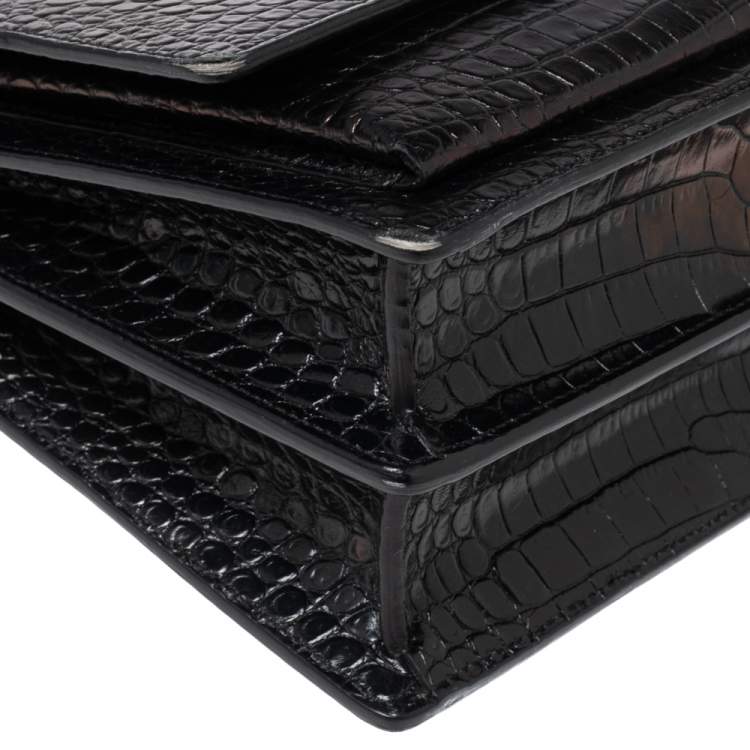 Pre Owned Saint Laurent Black Shiny Croc Embossed Leather Medium Sunset Shoulder Bag