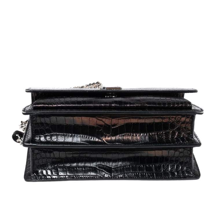 Pre Owned Saint Laurent Black Shiny Croc Embossed Leather Medium Sunset Shoulder Bag