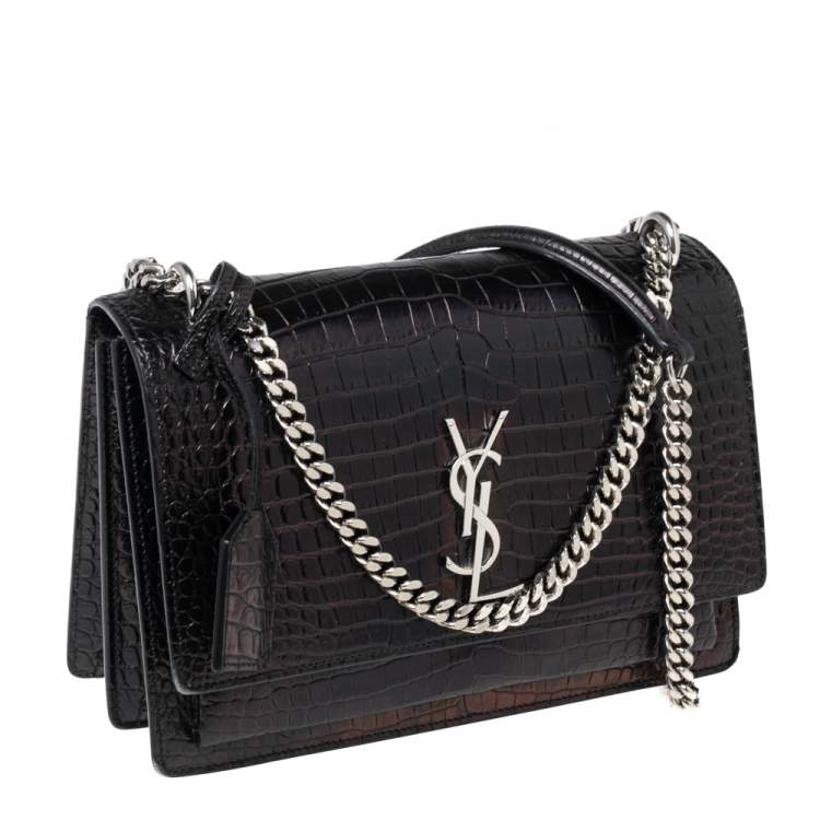 Pre Owned Saint Laurent Black Shiny Croc Embossed Leather Medium Sunset Shoulder Bag