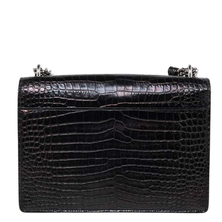 Pre Owned Saint Laurent Black Shiny Croc Embossed Leather Medium Sunset Shoulder Bag
