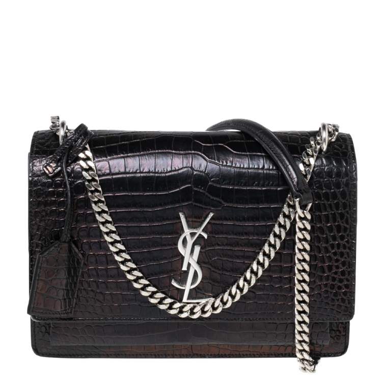 Pre Owned Saint Laurent Black Shiny Croc Embossed Leather Medium Sunset Shoulder Bag