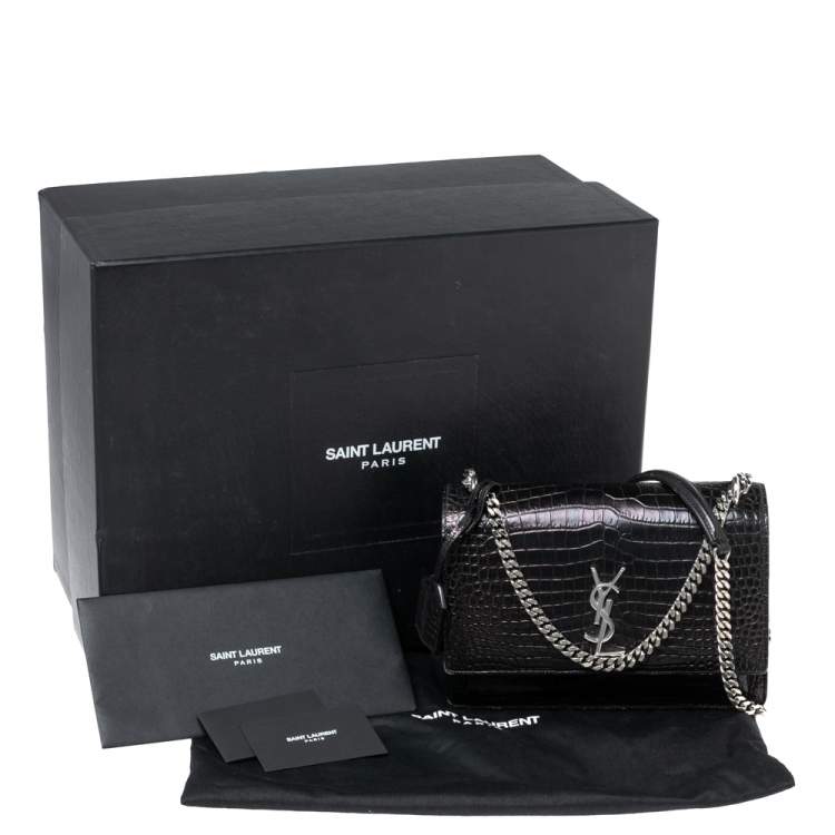 Pre Owned Saint Laurent Black Shiny Croc Embossed Leather Medium Sunset Shoulder Bag