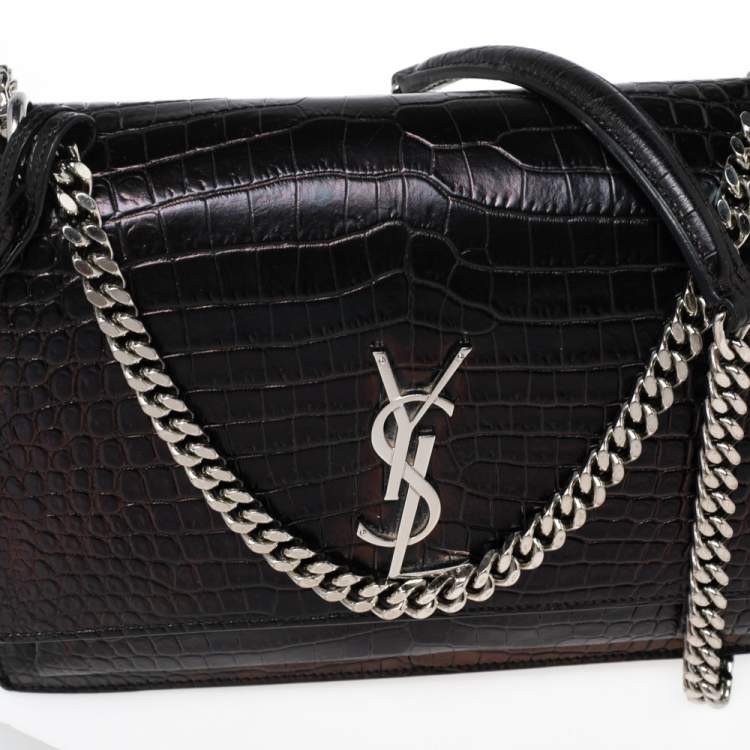 Pre Owned Saint Laurent Black Shiny Croc Embossed Leather Medium Sunset Shoulder Bag