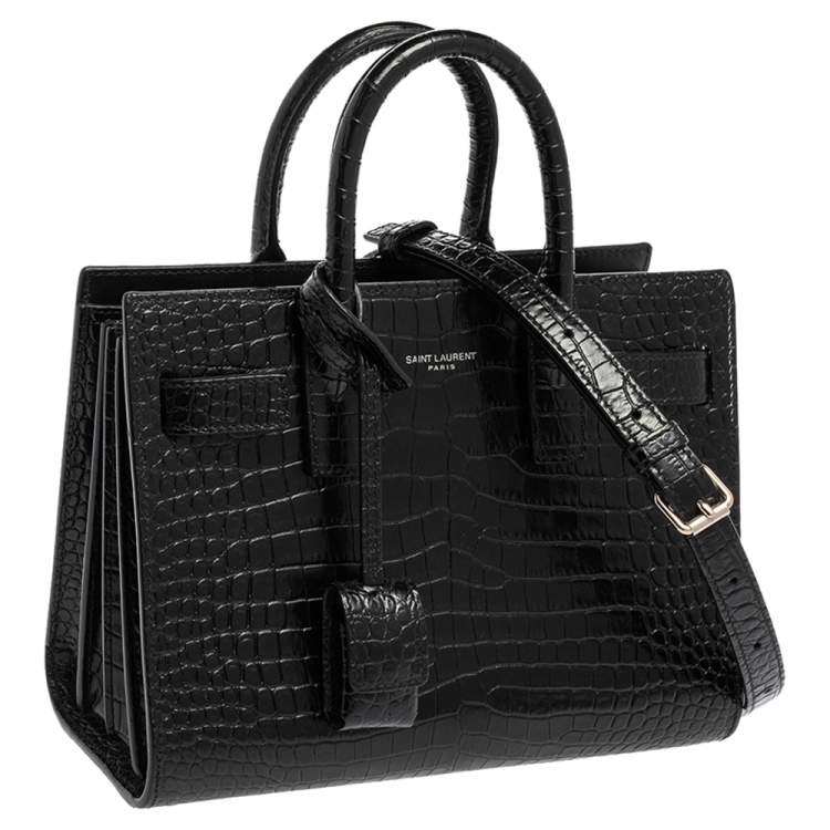 Pre Owned Saint Laurent Black Croc Embossed Leather Nano Classic Sac De Jour Tote
