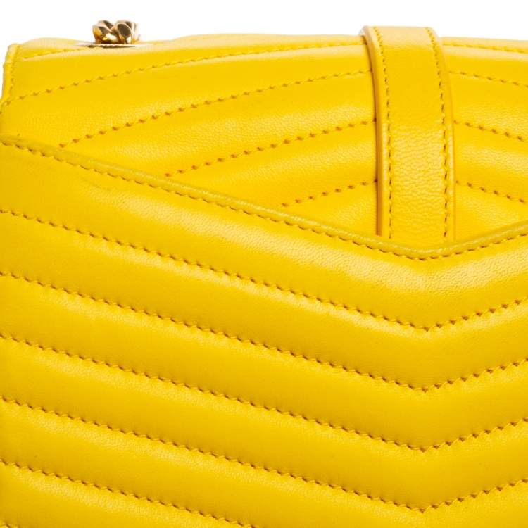 Pre Owned Saint Laurent Yellow Quilted Leather Small Sulpice Triple V-Flap Crossbody Bag 