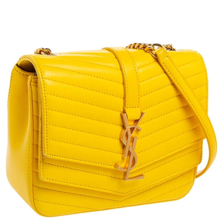 Pre Owned Saint Laurent Yellow Quilted Leather Small Sulpice Triple V-Flap Crossbody Bag 