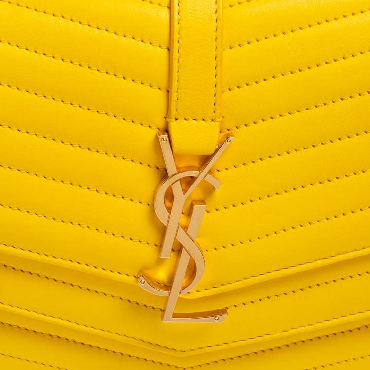 Pre Owned Saint Laurent Yellow Quilted Leather Small Sulpice Triple V-Flap Crossbody Bag 