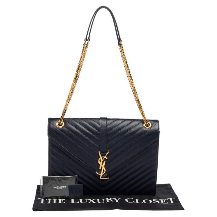 Pre Owned Saint Laurent Midnight Blue Matelassé Leather Monogram Envelope Shoulder Bag
