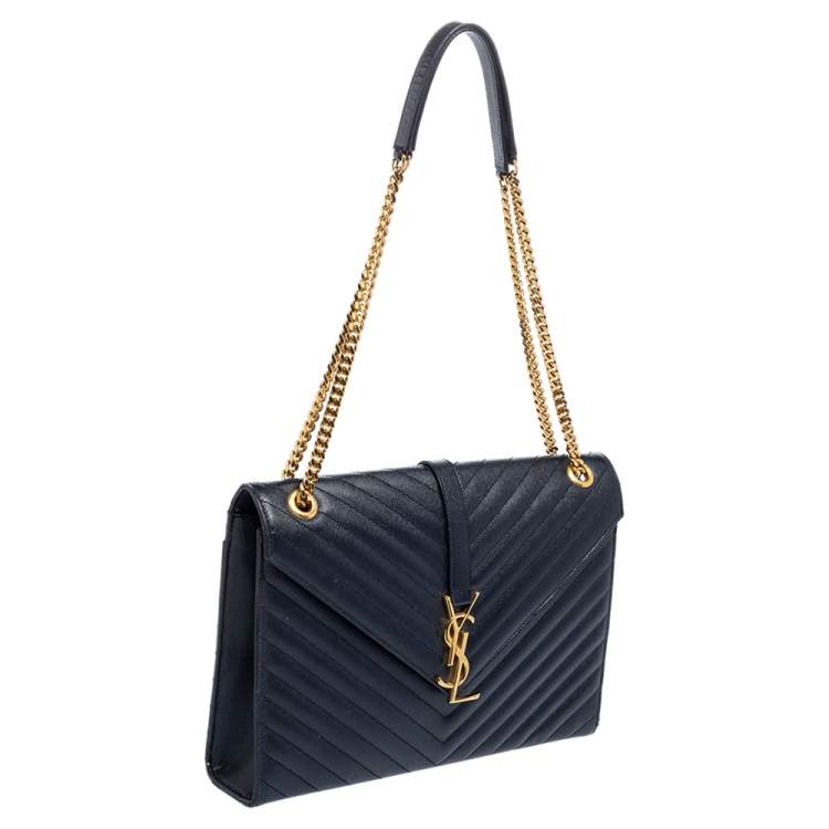 Pre Owned Saint Laurent Midnight Blue Matelassé Leather Monogram Envelope Shoulder Bag