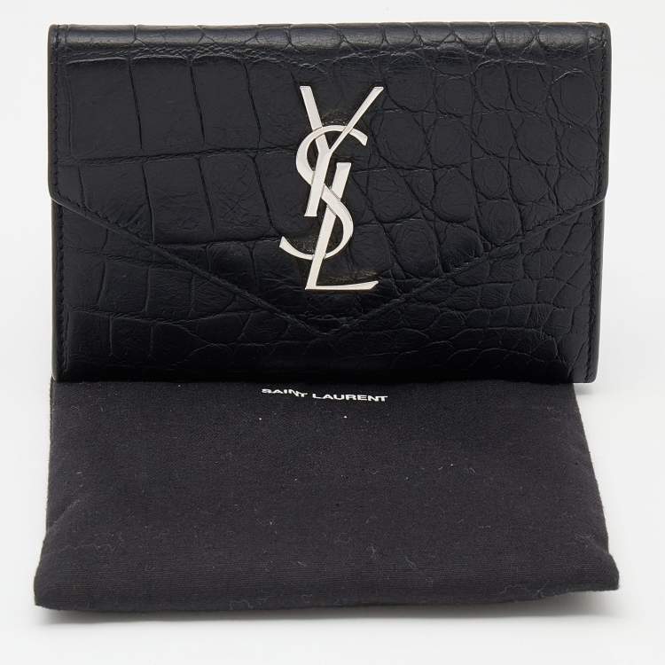 Pre Owned Saint Laurent Black Croc Embossed Leather Monogram Envelope Compact Wallet