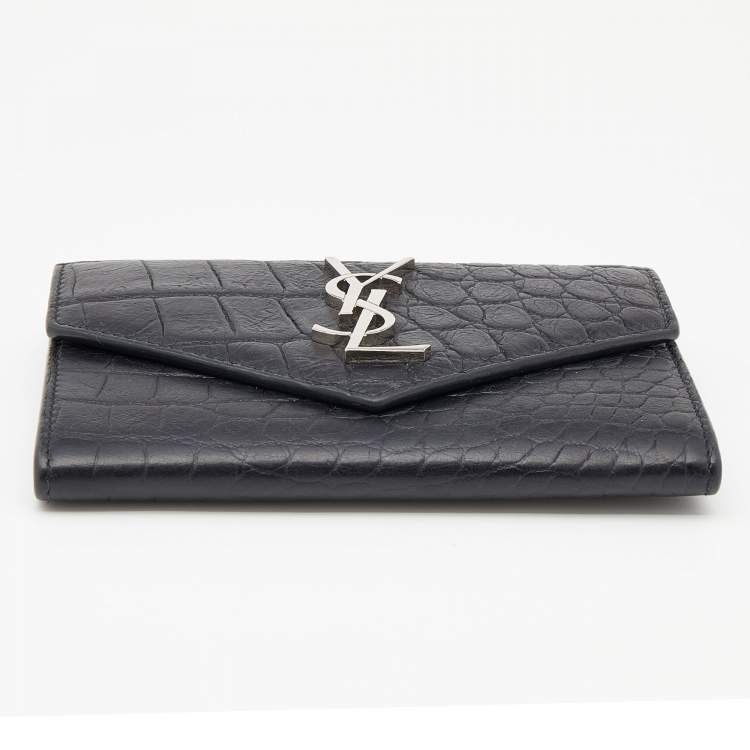 Pre Owned Saint Laurent Black Croc Embossed Leather Monogram Envelope Compact Wallet