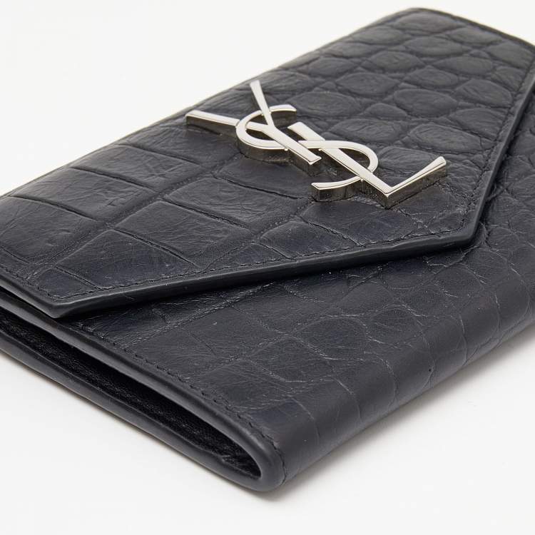 Pre Owned Saint Laurent Black Croc Embossed Leather Monogram Envelope Compact Wallet