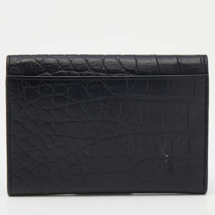 Pre Owned Saint Laurent Black Croc Embossed Leather Monogram Envelope Compact Wallet