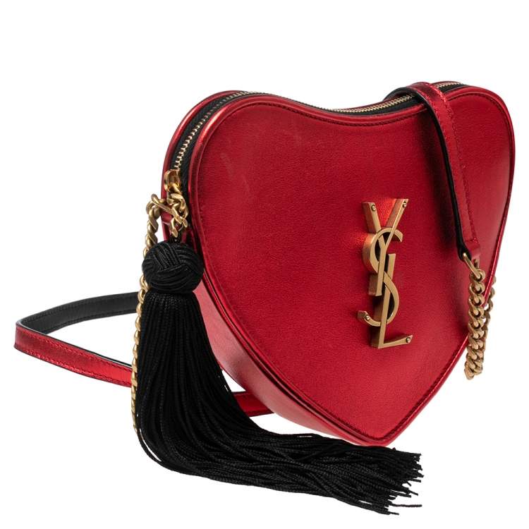 Pre Owned Saint Laurent Red Leather Heart Tassel Shoulder Bag