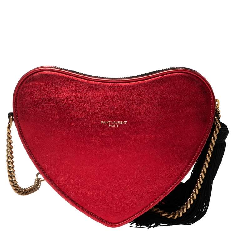 Pre Owned Saint Laurent Red Leather Heart Tassel Shoulder Bag