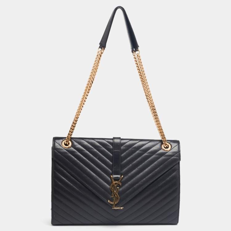 Pre Owned Saint Laurent Black Matelassé Leather Monogram Envelope Shoulder Bag