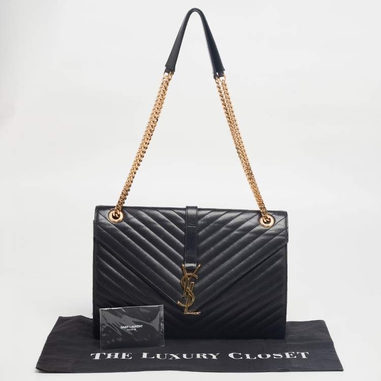 Pre Owned Saint Laurent Black Matelassé Leather Monogram Envelope Shoulder Bag