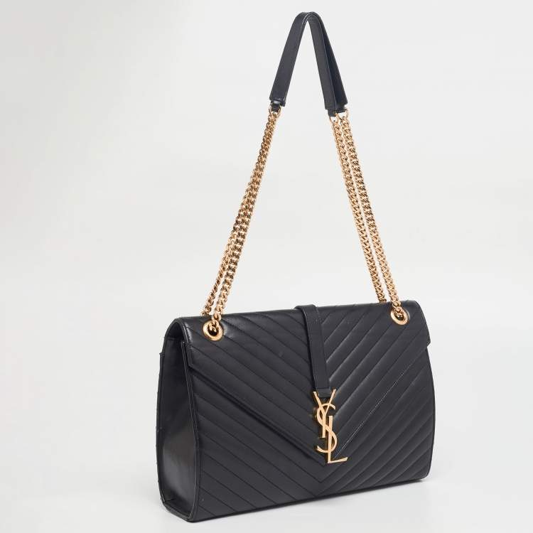 Pre Owned Saint Laurent Black Matelassé Leather Monogram Envelope Shoulder Bag