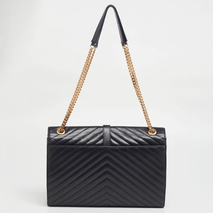 Pre Owned Saint Laurent Black Matelassé Leather Monogram Envelope Shoulder Bag
