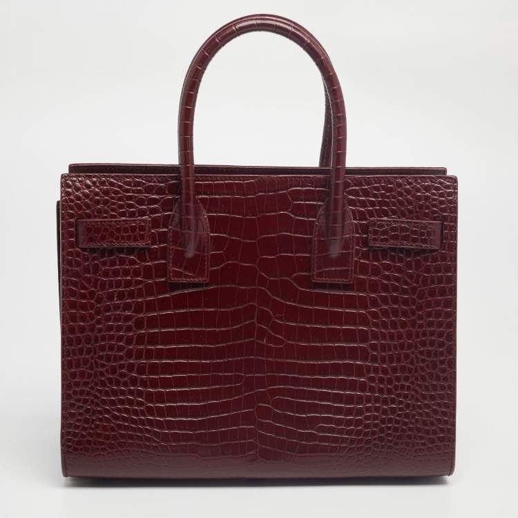 Pre Owned Saint Laurent Burgundy Croc Embossed Leather Baby Classic Sac De Jour Tote