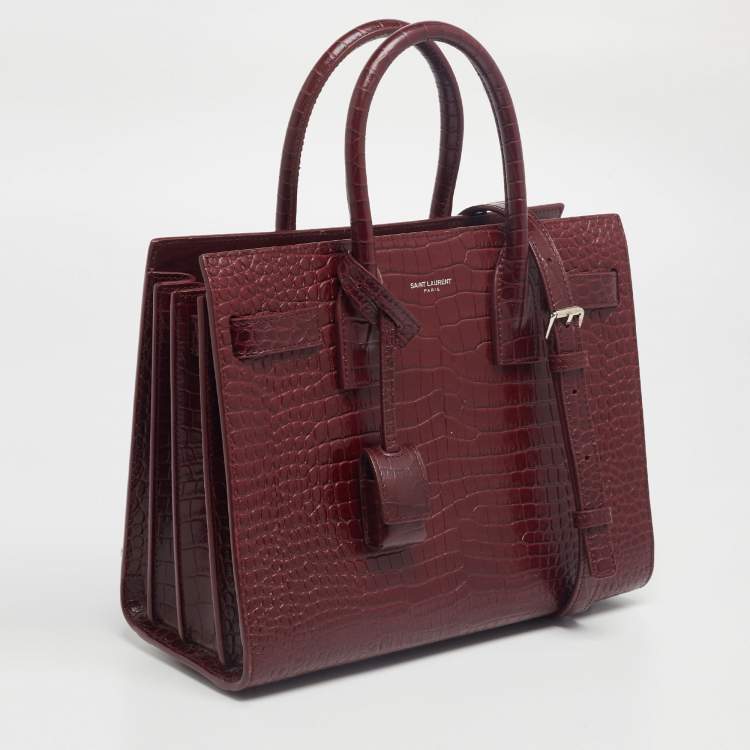 Pre Owned Saint Laurent Burgundy Croc Embossed Leather Baby Classic Sac De Jour Tote