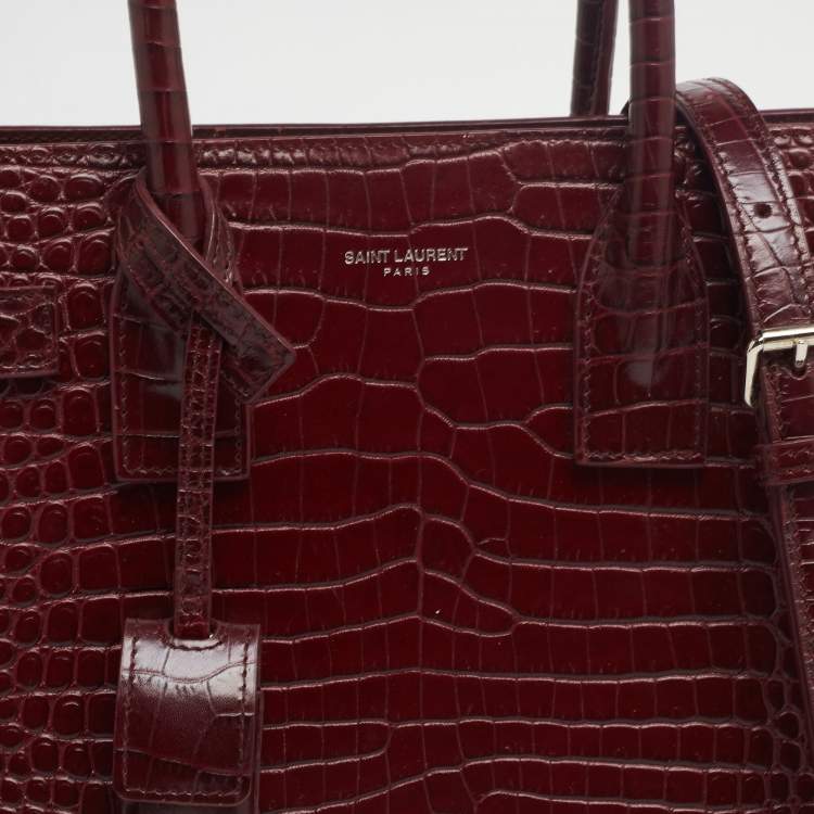 Pre Owned Saint Laurent Burgundy Croc Embossed Leather Baby Classic Sac De Jour Tote