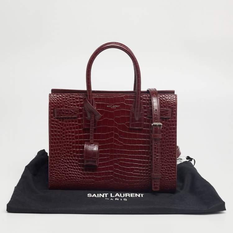 Pre Owned Saint Laurent Burgundy Croc Embossed Leather Baby Classic Sac De Jour Tote