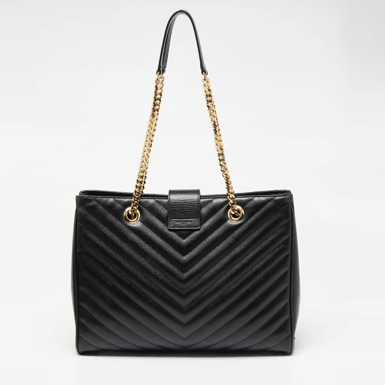 Pre Owned Saint Laurent Black Chevron Leather Monogram Chain Bo Cassandre Tote