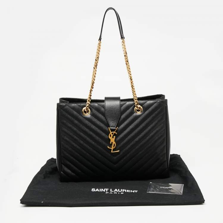 Pre Owned Saint Laurent Black Chevron Leather Monogram Chain Bo Cassandre Tote