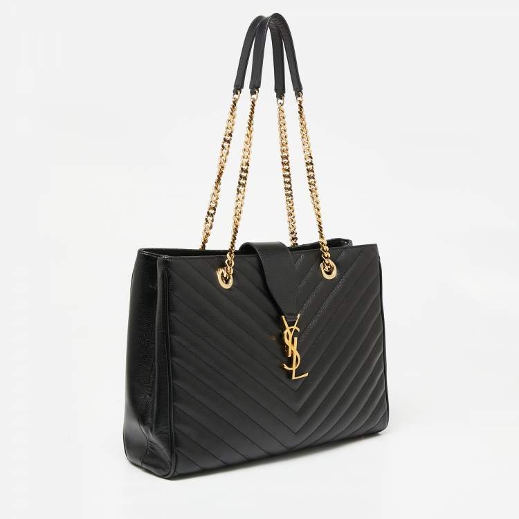 Pre Owned Saint Laurent Black Chevron Leather Monogram Chain Bo Cassandre Tote