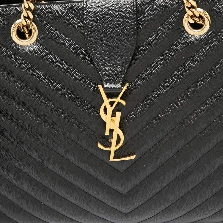 Pre Owned Saint Laurent Black Chevron Leather Monogram Chain Bo Cassandre Tote