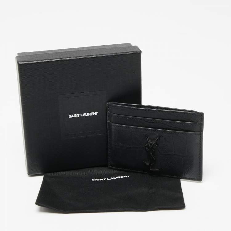 Pre Owned Saint Laurent Black Croc Embossed Leather Monogram Card Holder