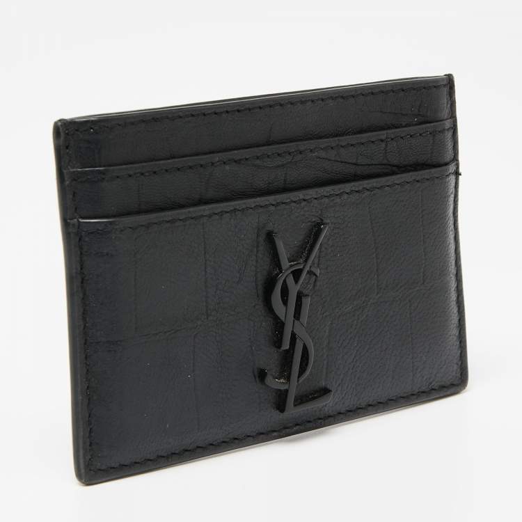 Pre Owned Saint Laurent Black Croc Embossed Leather Monogram Card Holder