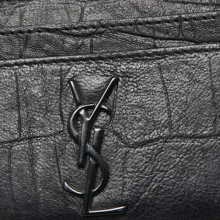 Pre Owned Saint Laurent Black Croc Embossed Leather Monogram Card Holder