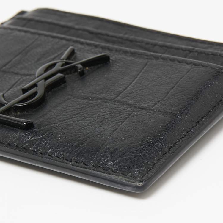 Pre Owned Saint Laurent Black Croc Embossed Leather Monogram Card Holder