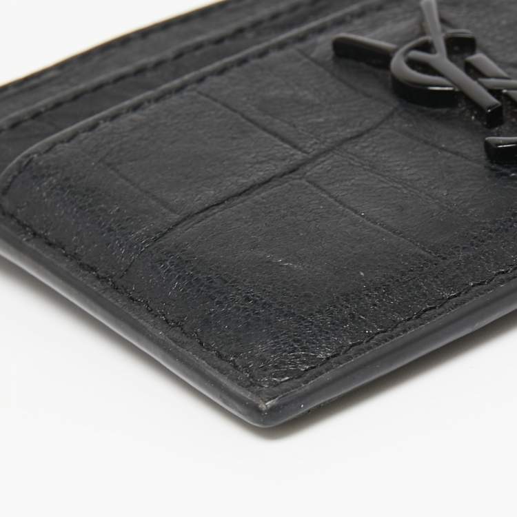 Pre Owned Saint Laurent Black Croc Embossed Leather Monogram Card Holder