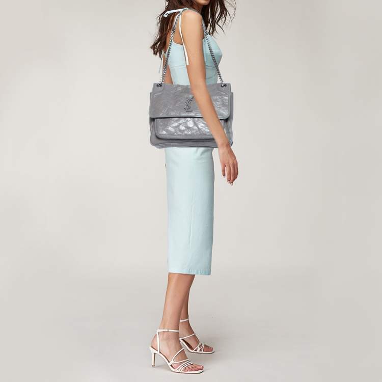 Pre Owned Saint Laurent Grey Aged Crinkled Leather Large Niki Shoulder Bag