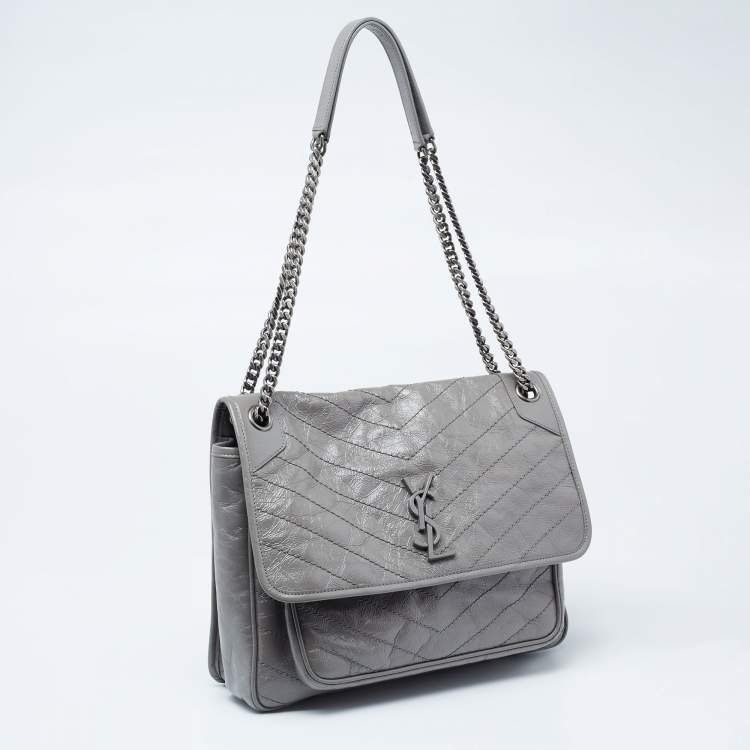 Pre Owned Saint Laurent Grey Aged Crinkled Leather Large Niki Shoulder Bag