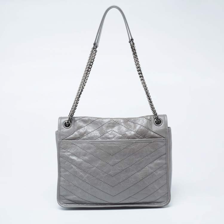 Pre Owned Saint Laurent Grey Aged Crinkled Leather Large Niki Shoulder Bag
