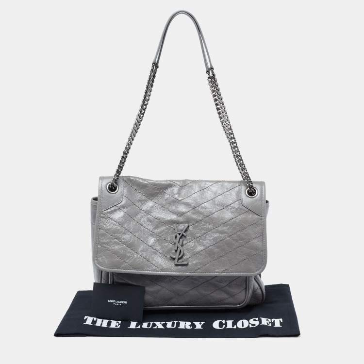 Pre Owned Saint Laurent Grey Aged Crinkled Leather Large Niki Shoulder Bag