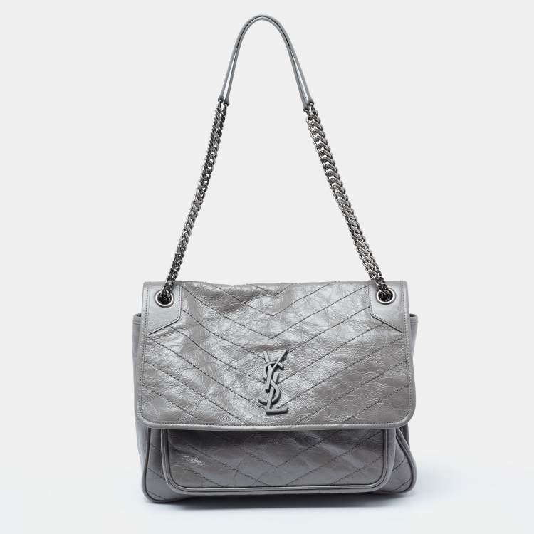 Pre Owned Saint Laurent Grey Aged Crinkled Leather Large Niki Shoulder Bag