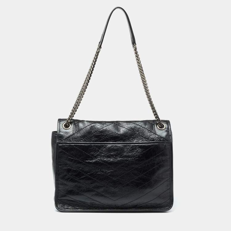 Pre Owned Saint Laurent Black Crinkled Leather Large Niki Shoulder Bag